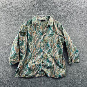 Lands End‎ Womens Top 18W Green Yellow Paisley Button Front 3/4 Sleeve Stretch